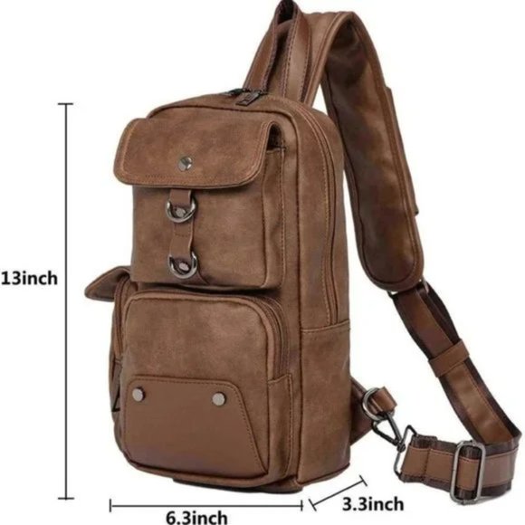 NEW MEN Sling Bag PU Leather Brown A - Picture 7 of 8